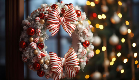 A stunning Christmas wreath adorned with candy canes and red and white bows, adding holiday cheer.の写真素材