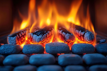 Close-up view of fiery embers and glowing stones in a fireplace, creating a warm and cozy...