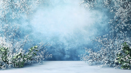 A serene winter scene featuring frosty branches against a misty blue backdrop. Perfect for winter themes.の写真素材