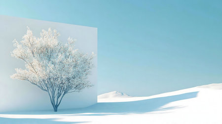 A solitary snow-covered tree stands beside a minimalist white structure against a serene winter...