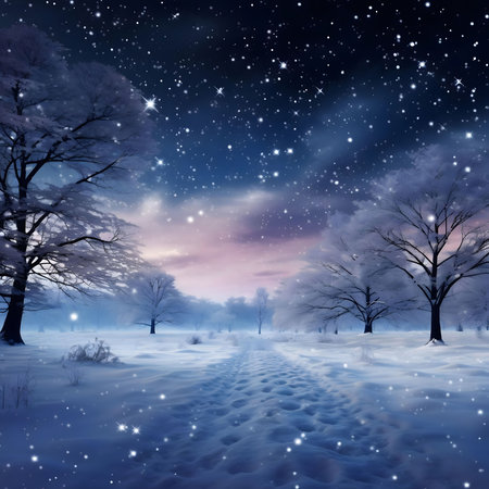 A magical winter night scene, with a snowy path winding through a snow-covered forest under a starlit sky.の写真素材