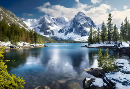 Serene winter mountain lake. Stunning reflection of snow capped mountains in crystal clear water.の写真素材