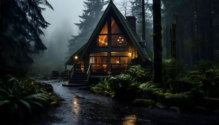 A charming A-frame cabin nestled deep within a misty forest, offering a tranquil escape. The warm lights glow invitingly against the cool, dark night.の写真素材