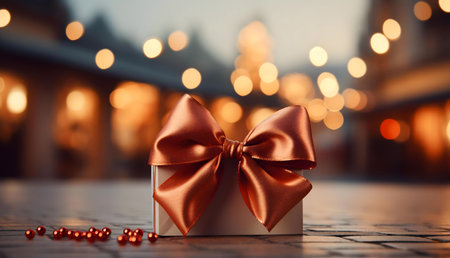 A beautifully wrapped gift box with an elegant orange bow sits on a table, the warm glow of lights creating a festive atmosphere.の写真素材