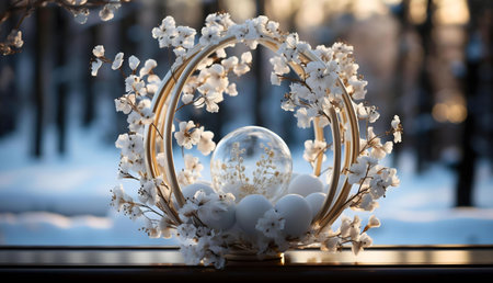 A stunning winter floral arrangement, featuring white flowers in a golden frame, with a glass sphere adding a touch of magic.の写真素材