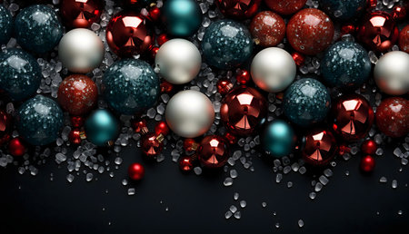 Stunning Christmas ornaments in red, teal, and silver arranged on a dark background with sparkling ice crystals. A festive and elegant holiday image.の写真素材