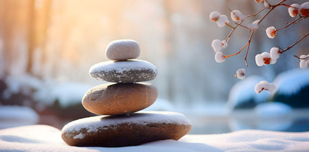 Snow-covered stones balanced peacefully in a winter scene. A serene and calming image.の写真素材