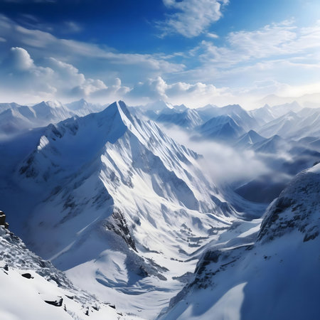 Stunning winter mountain range. Breathtaking panoramic view of snow-capped peaks under a bright blue sky.の写真素材