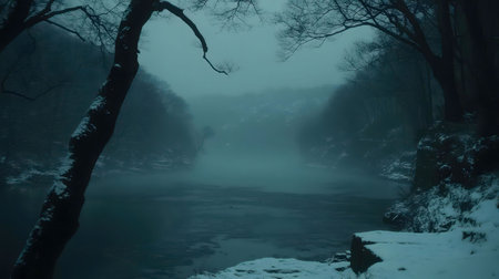 A misty winter scene featuring a tranquil river. Snow covers the ground, trees stand tall, and a...