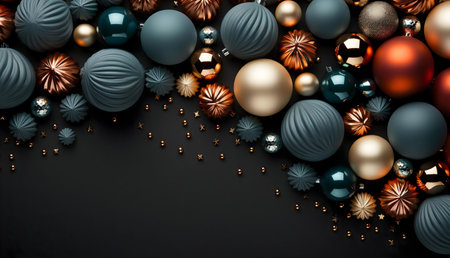 Stylish Christmas decorations in dark teal, copper, and gold tones arranged on a black background. Festive and elegant.の写真素材