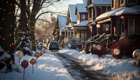A charming snow-covered street scene with festive lights and ornamental spheres adding a winter wonderland feel.の写真素材