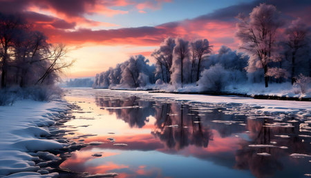 Stunning winter sunrise over a frozen river, reflecting the vibrant colors of the sky. Snow-covered trees line the banks, creating a picturesque scene.の写真素材