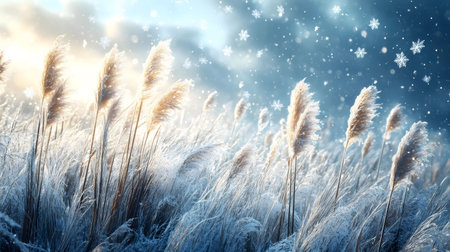 Snowy landscape featuring frosty pampas grass. Winter scene.の写真素材