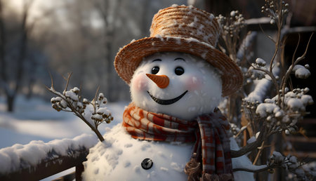 A cheerful snowman smiles warmly, wearing a straw hat and scarf, amidst a snowy winter scene.の写真素材