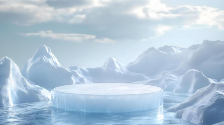 A serene winter scene featuring an icy platform amidst a glacial landscape. Cold, calm, and beautiful.の写真素材