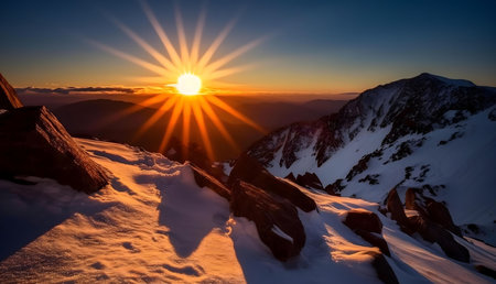 Stunning sunrise illuminating snow-covered mountains. Breathtaking viewの写真素材