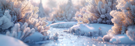 A serene winter scene depicting a frozen stream winding through a snow-covered forest. The trees and shrubs are adorned with frost, creating a magical winter wonderland.の写真素材