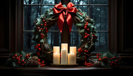 A festive Christmas wreath adorned with berries and pine cones sits on a windowsill, illuminated by soft candlelight. The scene evokes feelings of warmth and tranquility.の写真素材