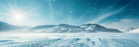 A stunning winter scene of snow-covered mountains under a bright, snowy sky. A serene and peaceful arctic panorama.の写真素材