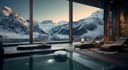 Indulge in ultimate relaxation at this luxurious alpine spa. Stunning mountain and lake views create a serene escape.の写真素材
