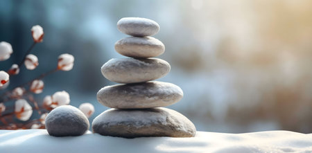 A serene winter scene featuring a stack of snow-covered stones, evoking peace and tranquility.の写真素材