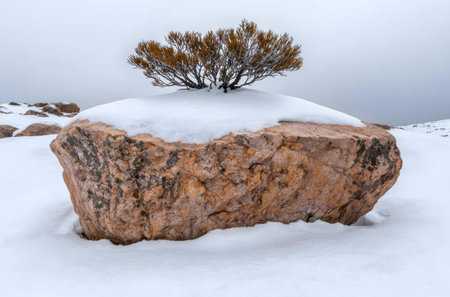 A small shrub withstands the winter's cold atop a large, snow-covered rock. Serenity and resilience...