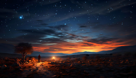 A lone figure stands amidst a breathtaking desert landscape under a sky brimming with stars. The vibrant sunset casts an orange glow, adding to the scene's ethereal beauty.の写真素材
