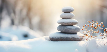 Snow-covered stones balanced in a serene winter scene. A tranquil image evoking peace and calmness.の写真素材