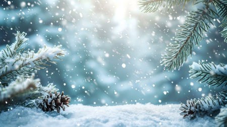 A serene winter scene with snow falling on pine branches and cones. Perfect for holiday greetings.の写真素材