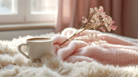A cup of coffee sits on a soft pink blanket, illuminated by morning sunlight. Dried flowers add a touch of elegance.の写真素材