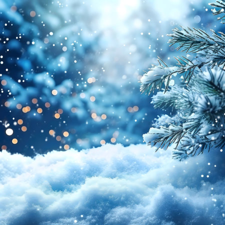 Enchanting winter scene of a snow-covered forest at night with sparkling lights.の写真素材
