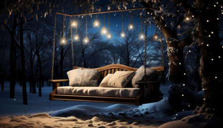 A wooden swing adorned with fairy lights hangs under a snow-covered tree in a magical winter forest at night.の写真素材