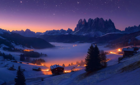 A breathtaking winter scene, a snow covered village illuminated at night, nestled amidst the majestic Dolomites mountains under a starry sky.の写真素材