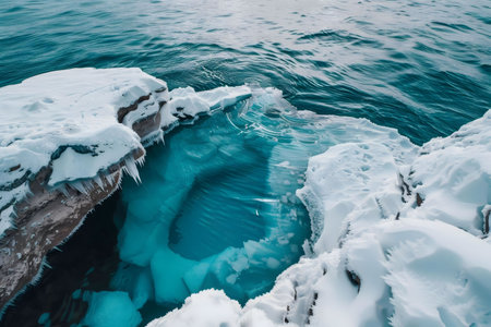 Breathtaking winter scene of a frozen lake with a teal ice cave. Stunning natural beauty.の写真素材