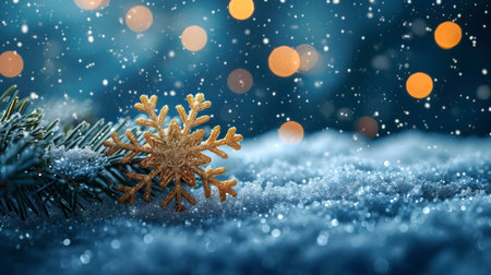 Golden snowflake rests on snowy branch. Winter wonderland scene.の写真素材