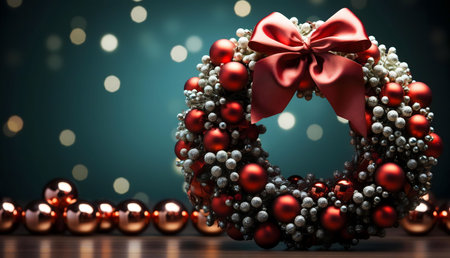 A beautiful Christmas wreath adorned with red and white ornaments and a big red bow. Festive and joyful.の写真素材