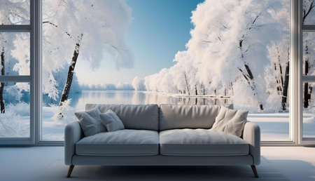 A comfy sofa sits near a large window showing a breathtaking snowy winter landscape. Perfect serenity.の写真素材