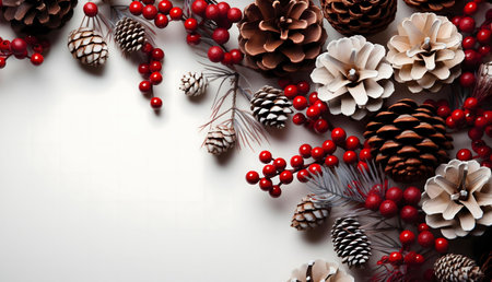 Christmas pincones and berries festive arrangement. Perfect for holiday cards or winter decor.の写真素材