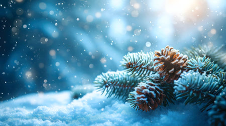 A breathtaking winter scene featuring snow-covered pine branches and cones. The image evokes a feeling of peace and tranquility.の写真素材