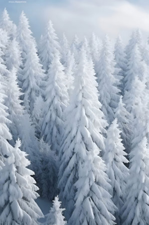 A breathtaking aerial view of a snow-covered coniferous forest, showing the serene beauty of a winter landscape.の写真素材