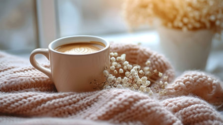 A warm latte in a pink mug sits on a cozy pink knit sweater, adorned with delicate white flowers. A peaceful morning scene.の写真素材