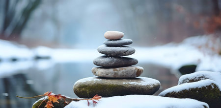 A perfectly balanced stack of stones rests on snow-covered rocks near a frozen lake. Winter serenity.の写真素材