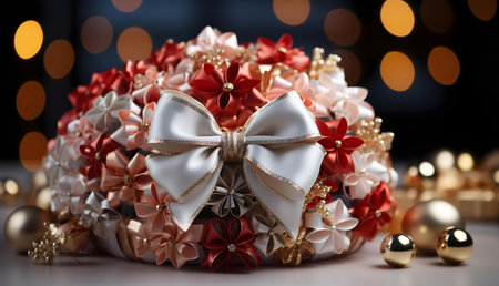 Close-up of a stunning Christmas ornament featuring handcrafted paper flowers in red and cream shades, accented by a large satin bow. Festive and elegant.の写真素材