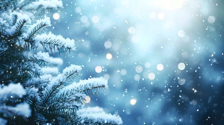 Snow covered pine branches, winter wonderland, Christmas scene.の写真素材