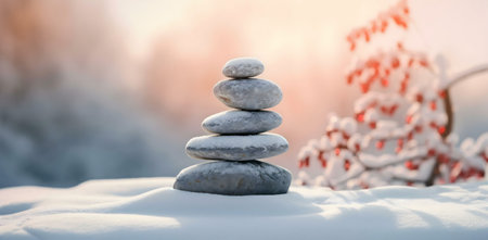 A tranquil scene of balanced stones covered in snow, set against a softly blurred winter backdrop. The image evokes feelings of peace and serenity.の写真素材
