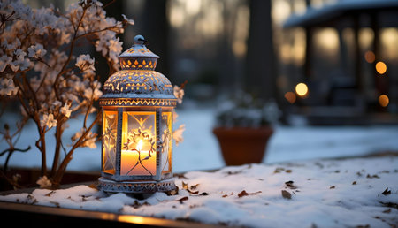 A lit lantern sits on a snow-covered table, near a flowering plant in a winter setting.の写真素材