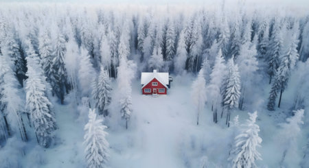 A red cabin sits alone in a snow-covered forest, taken from an aerial view.