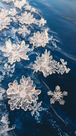 Stunning close-up of unique snowflakes resting on a tranquil icy surface. Captures winter's beauty.の写真素材