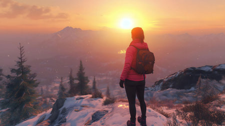 Hiker enjoys stunning sunset over snowy mountains. A serene winter scene full of adventure.