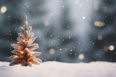 A small, snow-covered Christmas tree with warm lights stands in a snowy landscape. Magical winter atmosphere.の写真素材